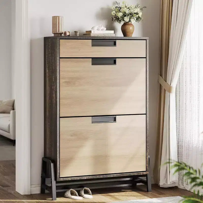 Shoe Storage Organizer with 2 Flip Drawers & 1 Drawer Narrow 3-Tier Shoe Cabinet with Adjustable Shelves for Entryway Vintage