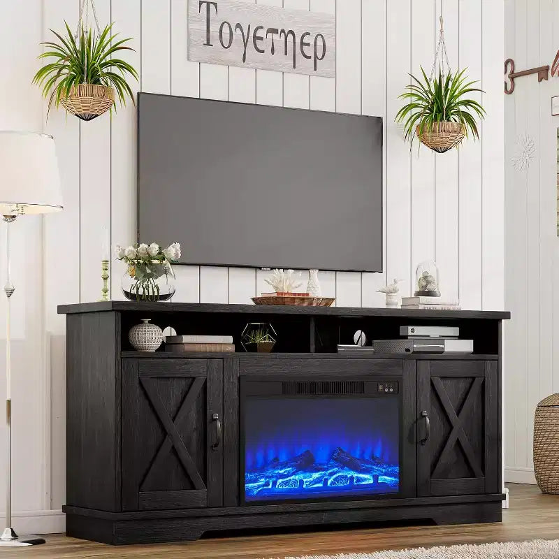 AMERLIFE 63 Farmhouse TV Stand with 26 Fireplace for TVs up to 73 for Living Room