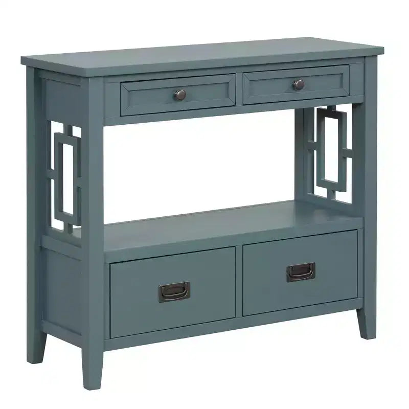 Console de ferme en bois de 36 po avec 4 tiroirs et 1 étagère de rangement pour entrée et salon, bleue