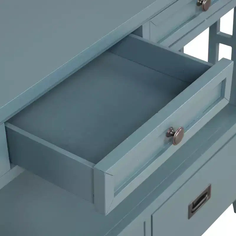 Console de ferme en bois de 36 po avec 4 tiroirs et 1 étagère de rangement pour entrée et salon, bleue