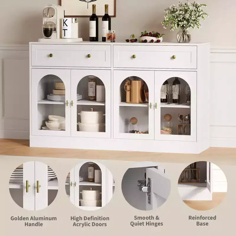 55.1 Buffet Bahut avec 2 Tiroirs et 4 Portes Acryliques, Console de Bar à Café avec Étagères Réglables pour Cuisine et Salle à Manger