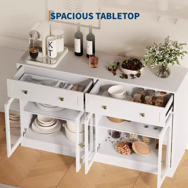 55.1 Buffet Bahut avec 2 Tiroirs et 4 Portes Acryliques, Console de Bar à Café avec Étagères Réglables pour Cuisine et Salle à Manger