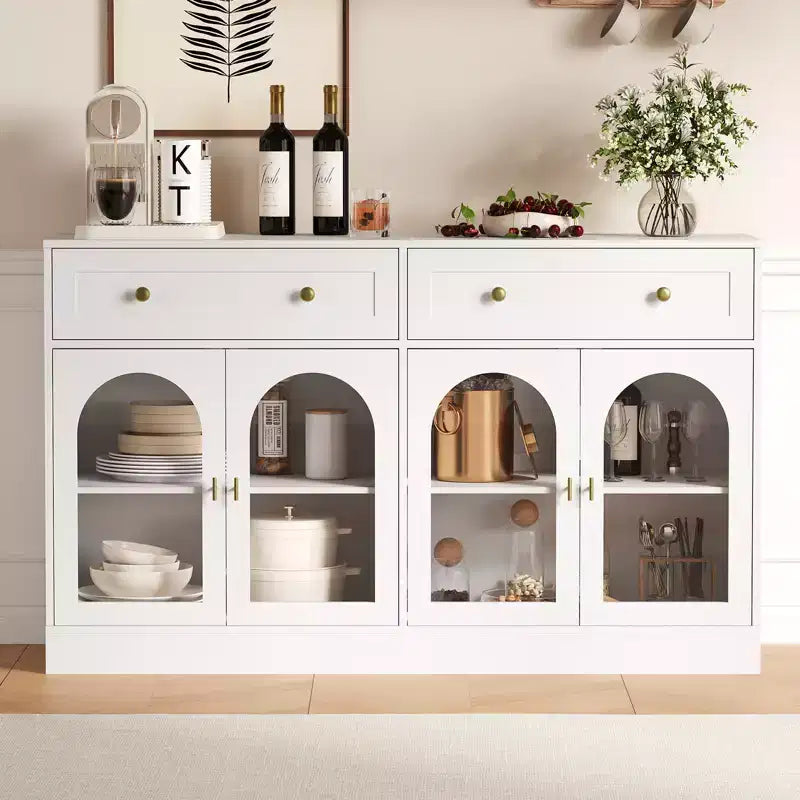 55.1 Buffet Bahut avec 2 Tiroirs et 4 Portes Acryliques, Console de Bar à Café avec Étagères Réglables pour Cuisine et Salle à Manger