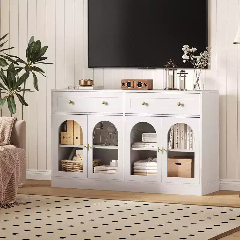 55.1 Buffet Bahut avec 2 Tiroirs et 4 Portes Acryliques, Console de Bar à Café avec Étagères Réglables pour Cuisine et Salle à Manger