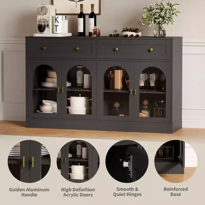 55.1 Buffet Bahut avec 2 Tiroirs et 4 Portes Acryliques, Console de Bar à Café avec Étagères Réglables pour Cuisine et Salle à Manger