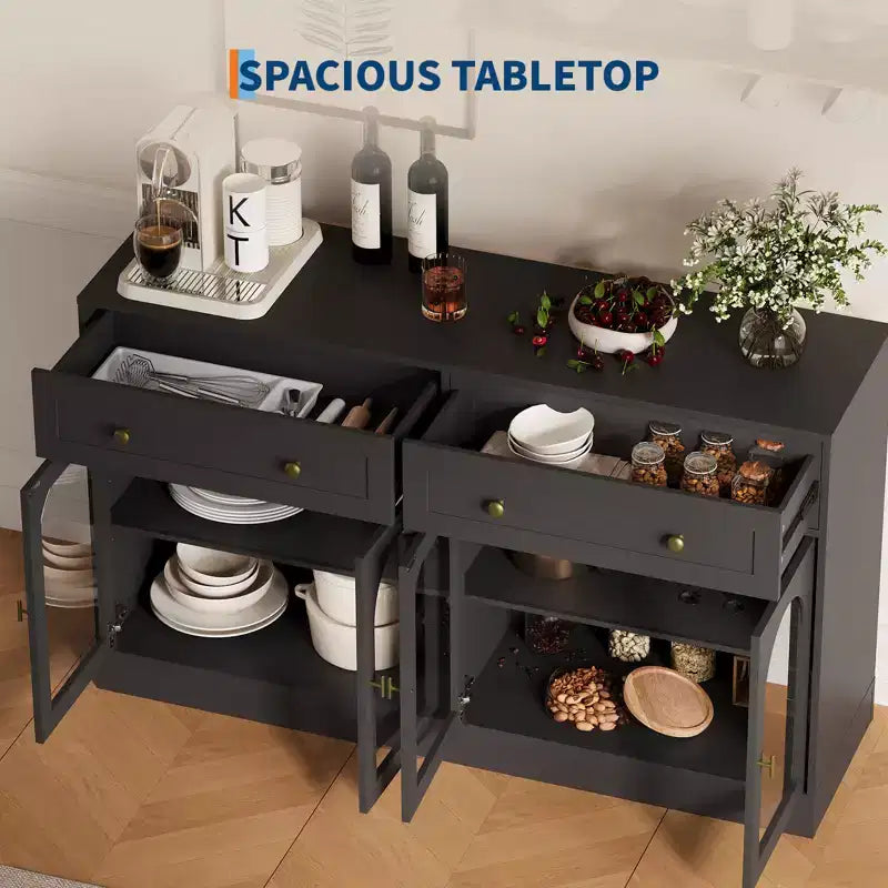 55.1 Buffet Bahut avec 2 Tiroirs et 4 Portes Acryliques, Console de Bar à Café avec Étagères Réglables pour Cuisine et Salle à Manger