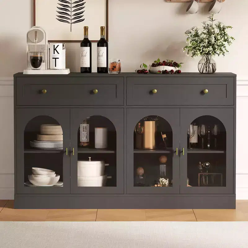 55.1 Buffet Bahut avec 2 Tiroirs et 4 Portes Acryliques, Console de Bar à Café avec Étagères Réglables pour Cuisine et Salle à Manger