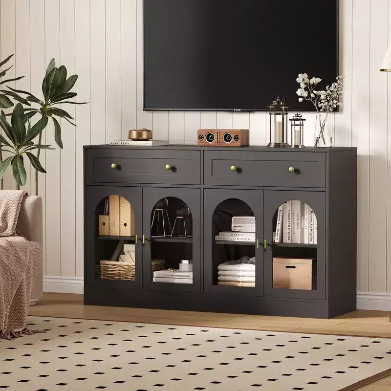 55.1 Buffet Bahut avec 2 Tiroirs et 4 Portes Acryliques, Console de Bar à Café avec Étagères Réglables pour Cuisine et Salle à Manger