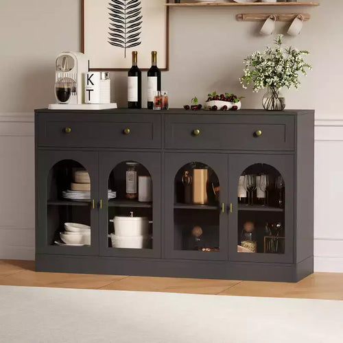 CuisinSmart 55.1 Sideboard Buffet Cabinet with 2 Drawers & 4 Acrylic Doors Console Coffee Bar Table with Adjustable Shelves for Kitchen Dining Room