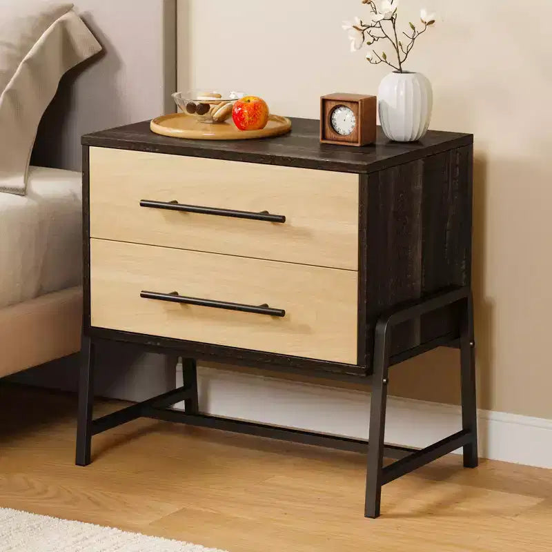 GustoWave Nightstand with Drawers 23.6 Wide Bedside Table with Storage Light Wood Side Table with Metal Legs Dark Brown Night Stand
