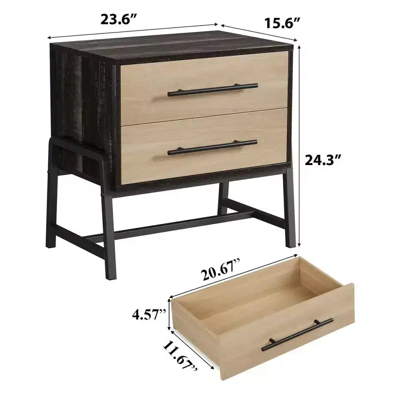 Table de chevet avec tiroirs 60 cm de large, table de chevet avec rangement, table d'appoint en bois clair avec pieds en métal, table de chevet marron foncé