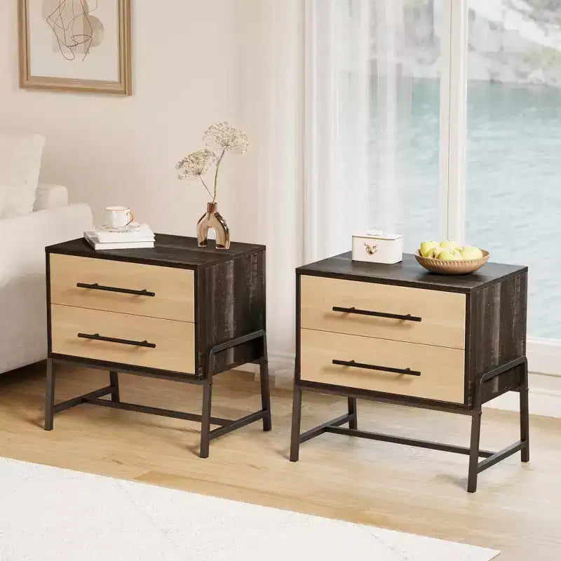 Table de chevet avec tiroirs 60 cm de large, table de chevet avec rangement, table d'appoint en bois clair avec pieds en métal, table de chevet marron foncé