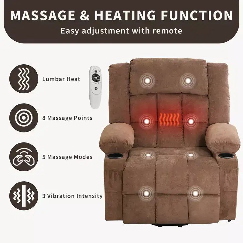 Grand fauteuil inclinable électrique avec chauffage et massage, fauteuil inclinable en tissu surdimensionné pour salon avec position infinie