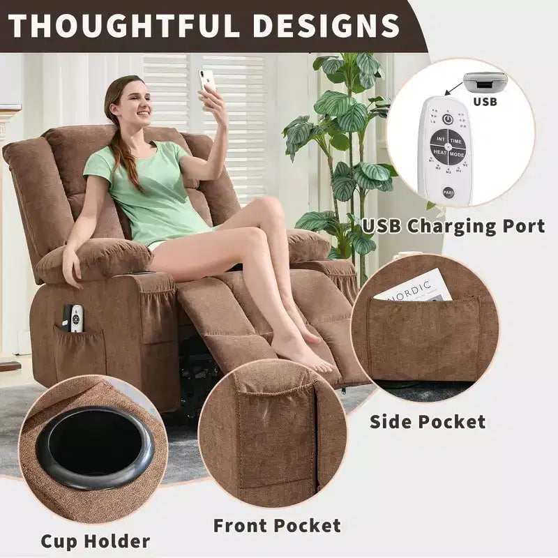 Grand fauteuil inclinable électrique avec chauffage et massage, fauteuil inclinable en tissu surdimensionné pour salon avec position infinie