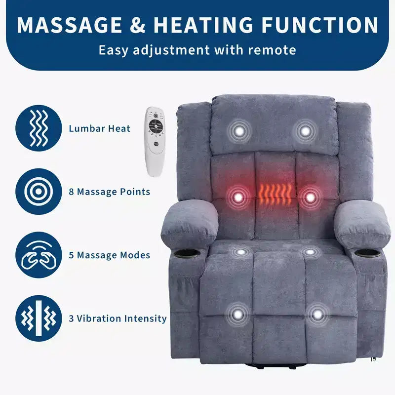 Grand fauteuil inclinable électrique avec chauffage et massage, fauteuil inclinable en tissu surdimensionné pour salon avec position infinie