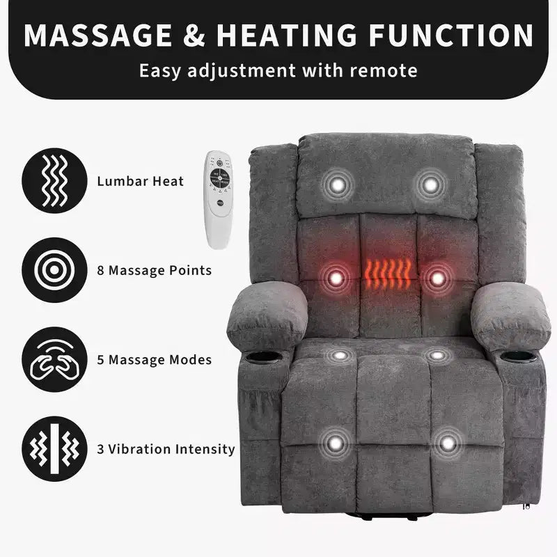 Grand fauteuil inclinable électrique avec chauffage et massage, fauteuil inclinable en tissu surdimensionné pour salon avec position infinie