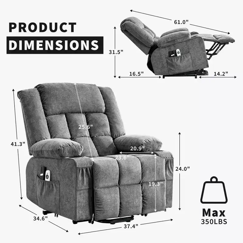 Grand fauteuil inclinable électrique avec chauffage et massage, fauteuil inclinable en tissu surdimensionné pour salon avec position infinie