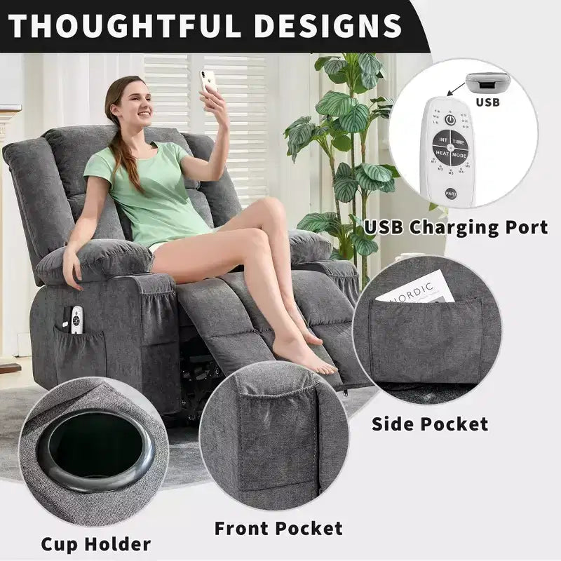 Grand fauteuil inclinable électrique avec chauffage et massage, fauteuil inclinable en tissu surdimensionné pour salon avec position infinie