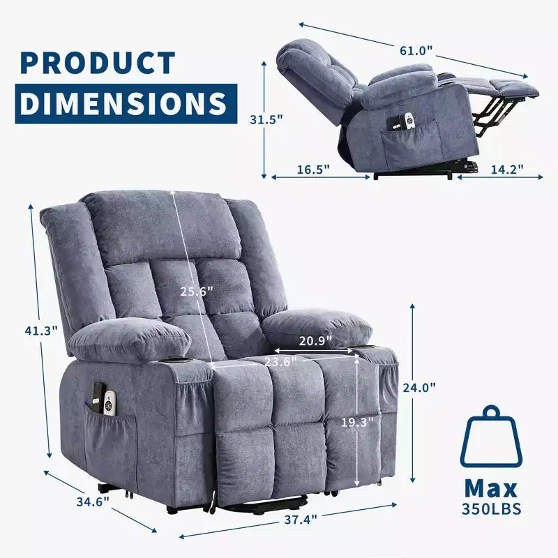 Grand fauteuil inclinable électrique avec chauffage et massage, fauteuil inclinable en tissu surdimensionné pour salon avec position infinie