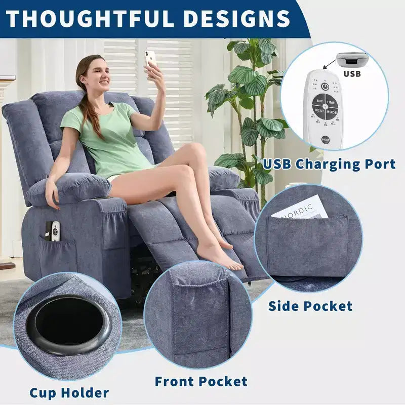 Grand fauteuil inclinable électrique avec chauffage et massage, fauteuil inclinable en tissu surdimensionné pour salon avec position infinie
