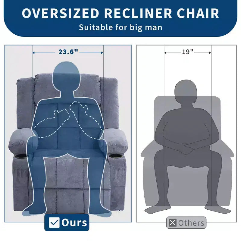 Grand fauteuil inclinable électrique avec chauffage et massage, fauteuil inclinable en tissu surdimensionné pour salon avec position infinie