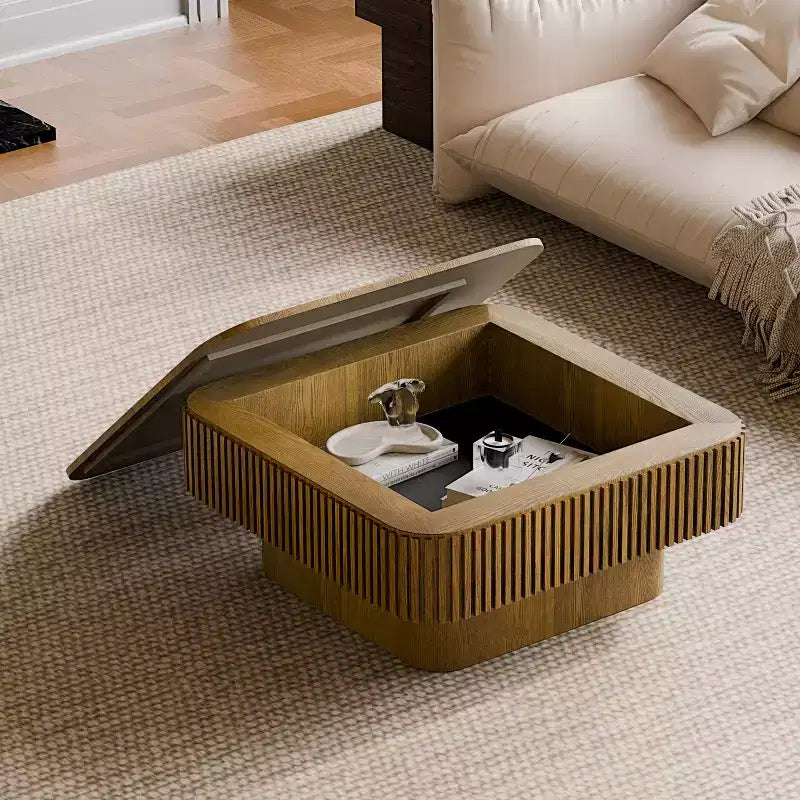 Table basse carrée moderne en bois avec couvercle à charnière