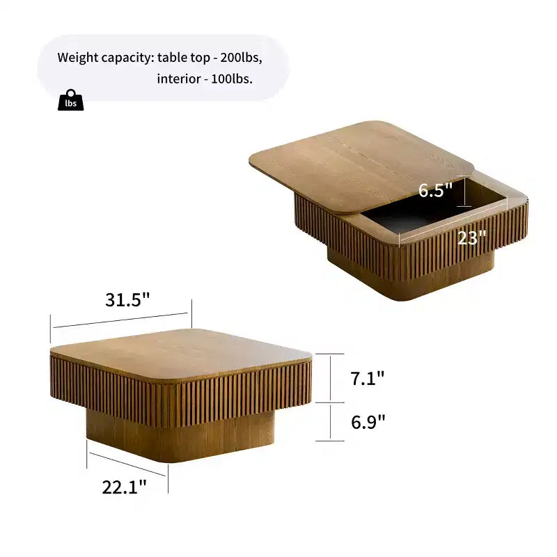 Table basse carrée moderne en bois avec couvercle à charnière