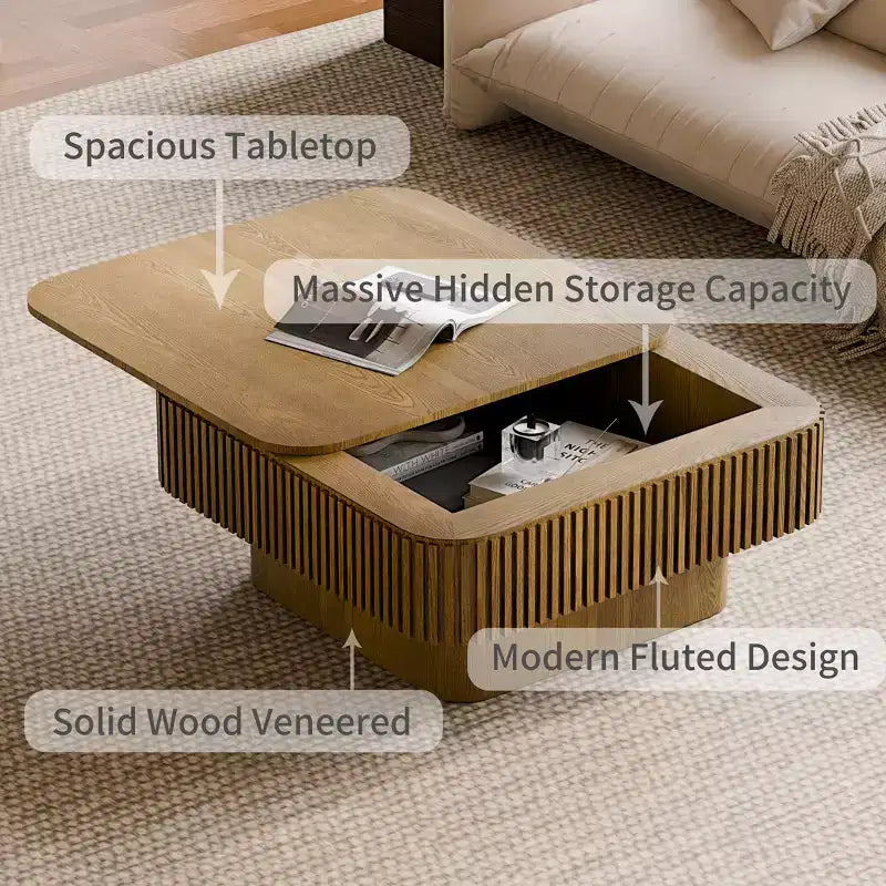 Table basse carrée moderne en bois avec couvercle à charnière