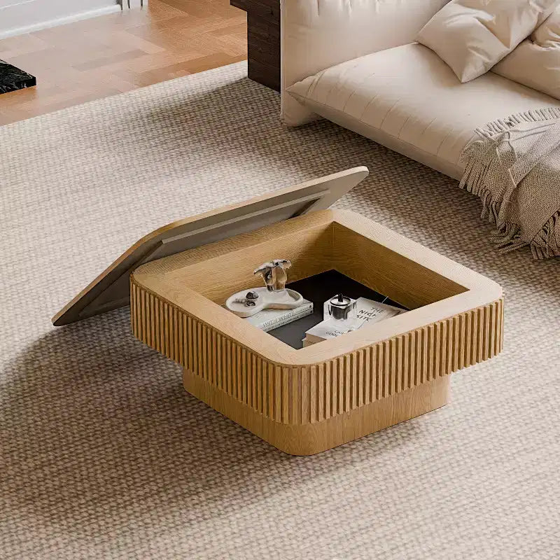 Table basse carrée moderne en bois avec couvercle à charnière