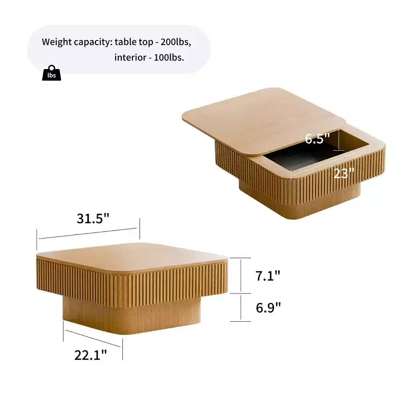 Table basse carrée moderne en bois avec couvercle à charnière
