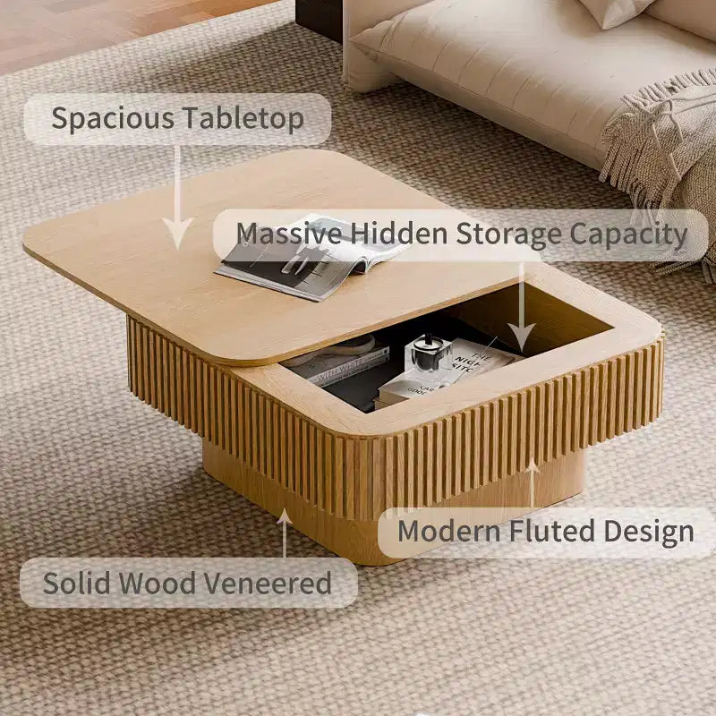 Table basse carrée moderne en bois avec couvercle à charnière