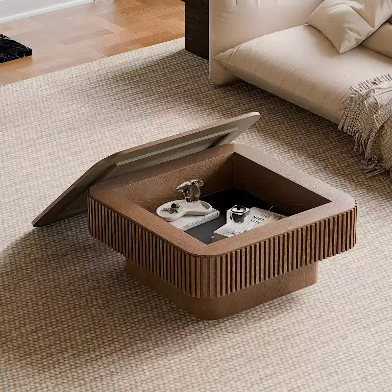 Table basse carrée moderne en bois avec couvercle à charnière