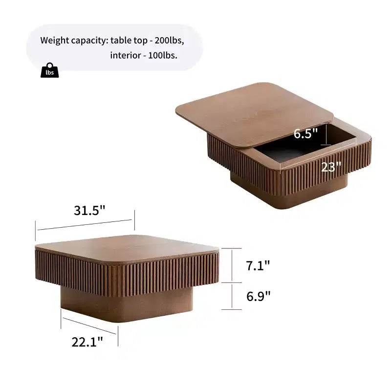Table basse carrée moderne en bois avec couvercle à charnière