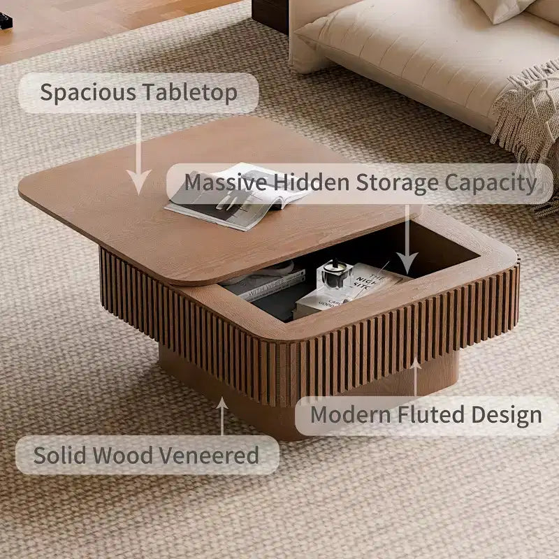 Table basse carrée moderne en bois avec couvercle à charnière