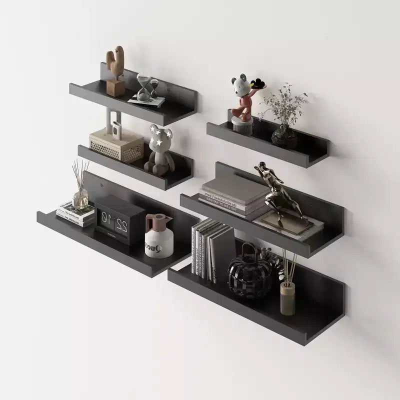 FurnitureR Floating Shelves Wall Mounted Set of 6 Wood Storage Display Ledge Shelves for Bathroom Bedroom Living Room Kitchen Office Black