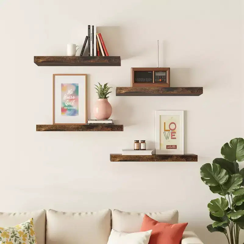 FurnitureR Floating Shelves for Wall 15.75 Inch Wide Rustic Wood Decorative Wall Storage Rack Invisible WallMounted Display Brown