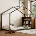 Metal House Bed for Kids Floor Bed Frame with Shelves and Lights for Kids and Adults
