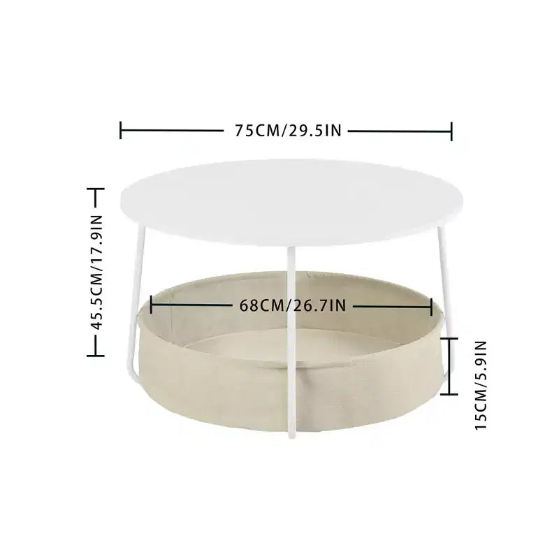 Table Basse Ronde à 2 Niveaux avec Panier de Rangement en Tissu, Table d'Appoint Centrale Moderne de 75 cm pour Salon, Chambre à Coucher, Bureau, Blanc/Camel