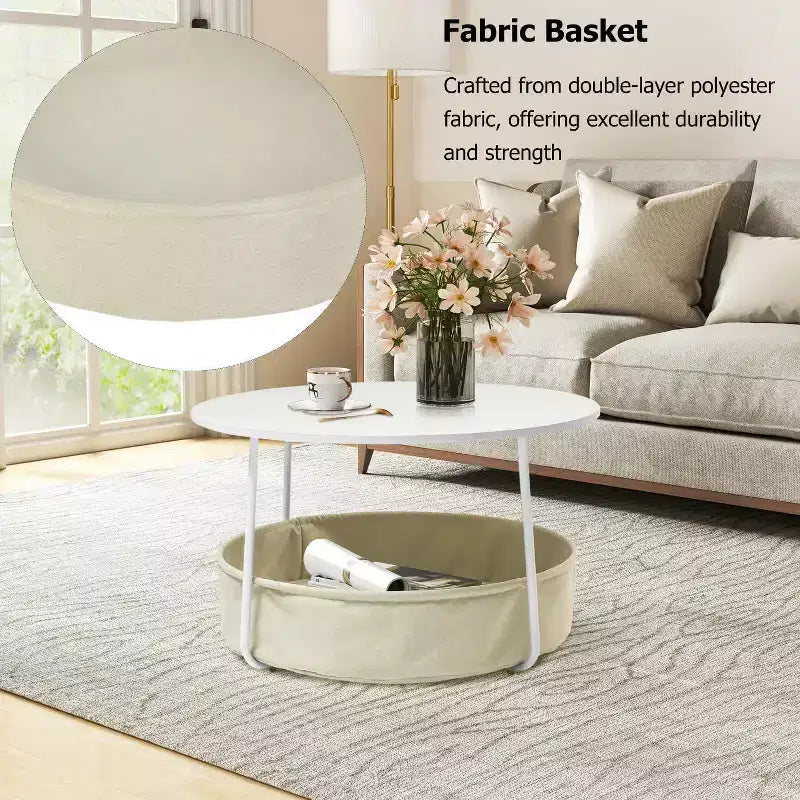 Table Basse Ronde à 2 Niveaux avec Panier de Rangement en Tissu, Table d'Appoint Centrale Moderne de 75 cm pour Salon, Chambre à Coucher, Bureau, Blanc/Camel