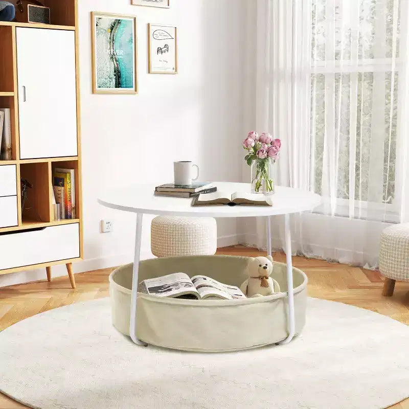 Table Basse Ronde à 2 Niveaux avec Panier de Rangement en Tissu, Table d'Appoint Centrale Moderne de 75 cm pour Salon, Chambre à Coucher, Bureau, Blanc/Camel
