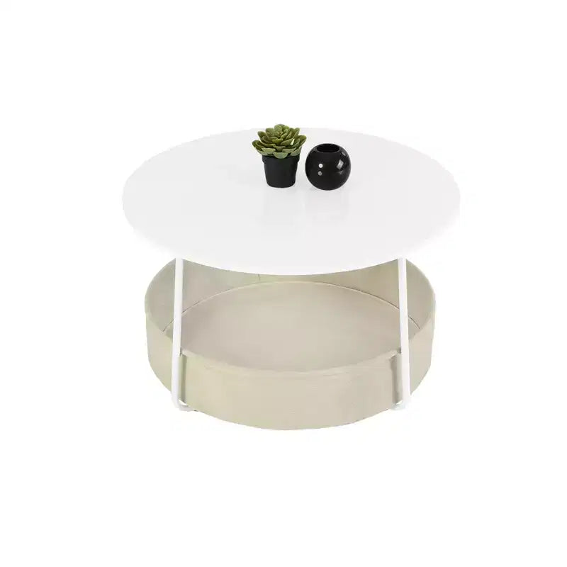 Table Basse Ronde à 2 Niveaux avec Panier de Rangement en Tissu, Table d'Appoint Centrale Moderne de 75 cm pour Salon, Chambre à Coucher, Bureau, Blanc/Camel