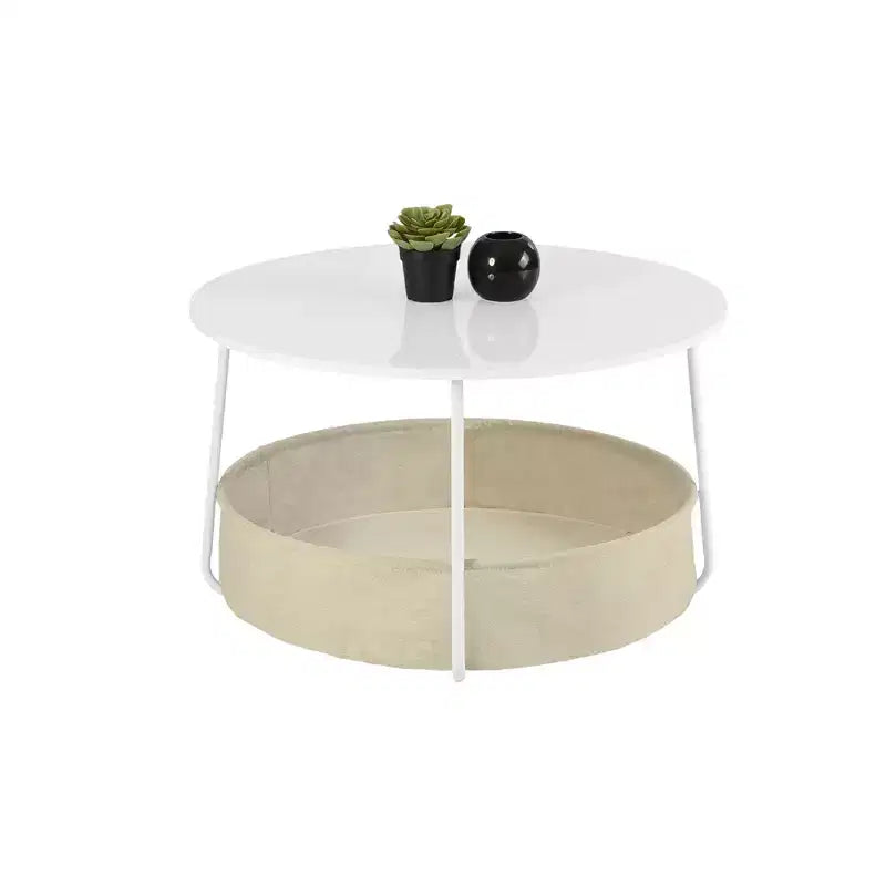 Table Basse Ronde à 2 Niveaux avec Panier de Rangement en Tissu, Table d'Appoint Centrale Moderne de 75 cm pour Salon, Chambre à Coucher, Bureau, Blanc/Camel