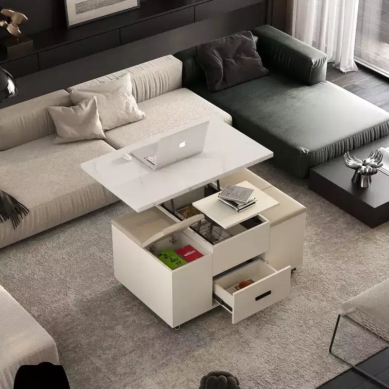 GDFStudio Annecy Modern Wood Lift-Top Coffee Table with 4 Stools and Hidden Storage