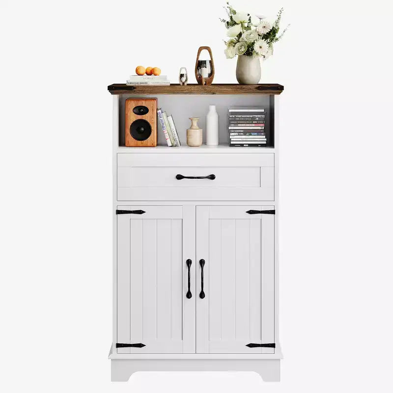 Meuble de salle de bain de style campagnard avec portes et tiroirs, meuble de rangement autoportant à texture bois