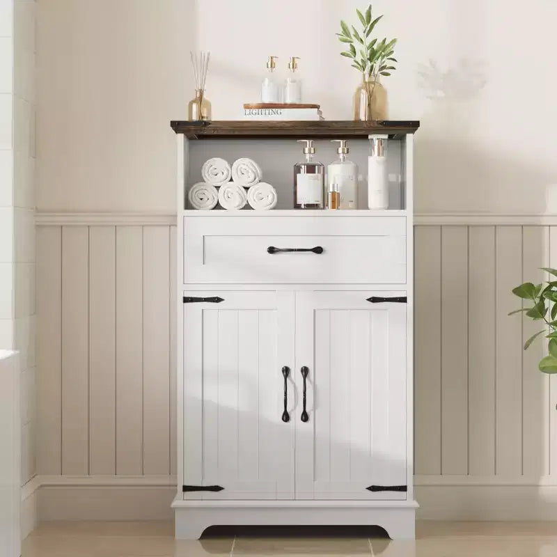 GustoWave Farmhouse Bathroom Cabinet with Doors and Drawers Freestanding Storage Cabinet w/Wood Texture