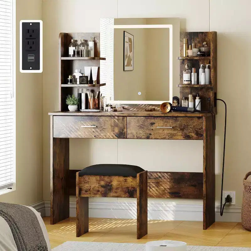 Acekool Vanity Desk with Lighted Mirror Stool Power Outlet 6 Shelves 2 Large Drawers 3-Color Adjustable LED Makeup Vanity for Bedroom