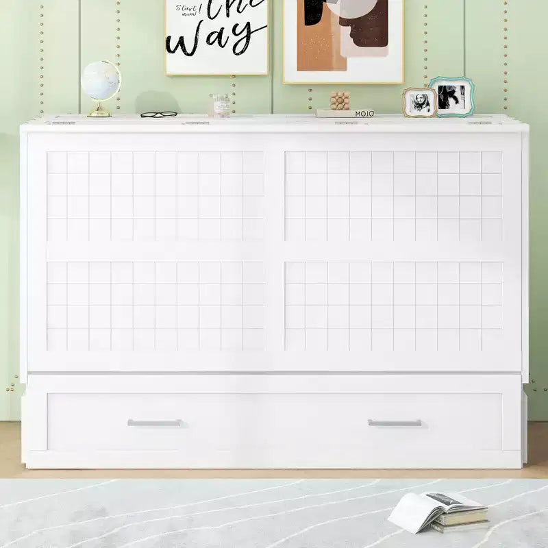 Queen Size Murphy Bed Wall Bed with Storage Drawer Cabinet Bed Folding Wall Bed with Shelves for Guest Room Bedroom Office White