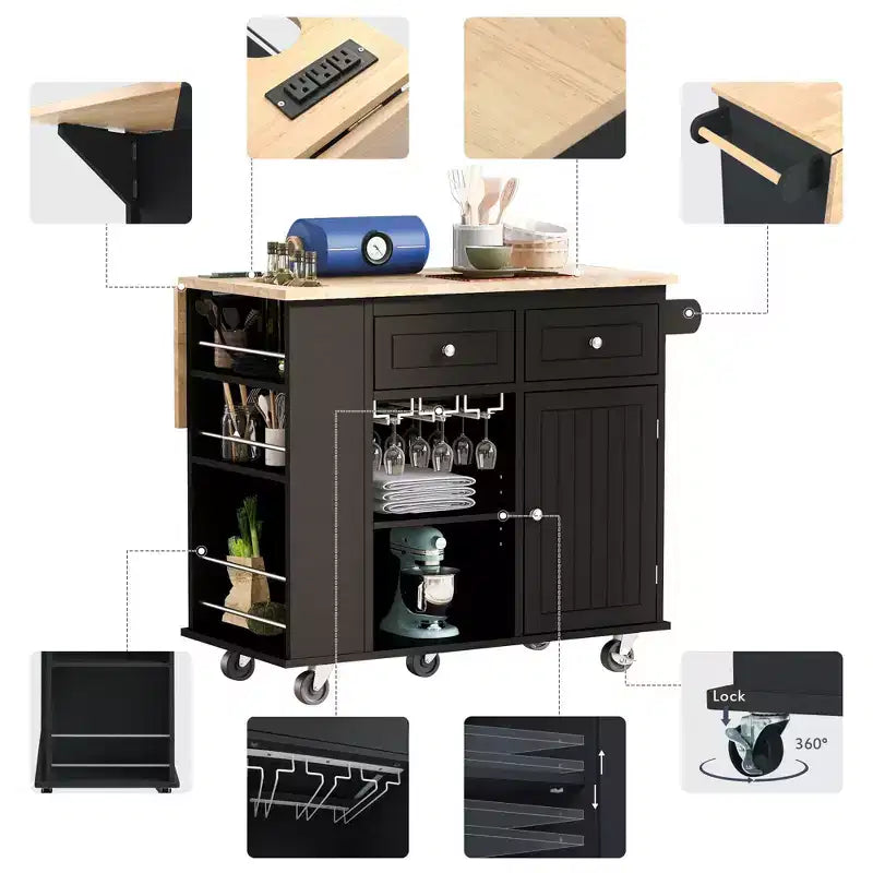 Îlot de cuisine moderne avec abattant et étagères réglables Chariot de cuisine roulant avec étagères et tiroirs Meuble de rangement Table à manger pliante