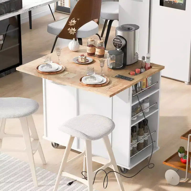 Îlot de cuisine moderne avec abattant et étagères réglables Chariot de cuisine roulant avec étagères et tiroirs Meuble de rangement Table à manger pliante
