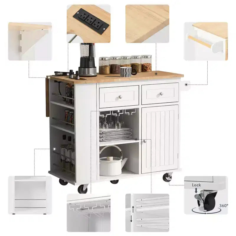 Îlot de cuisine moderne avec abattant et étagères réglables Chariot de cuisine roulant avec étagères et tiroirs Meuble de rangement Table à manger pliante